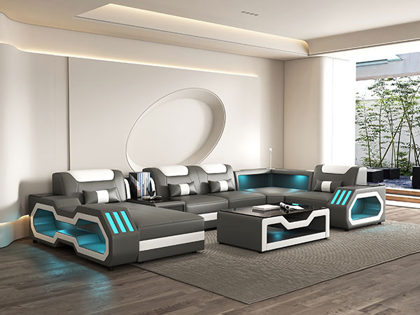 U-Shaped Living Room Furniture Selling High Quality LED Adjustable Combination Leather Sofa